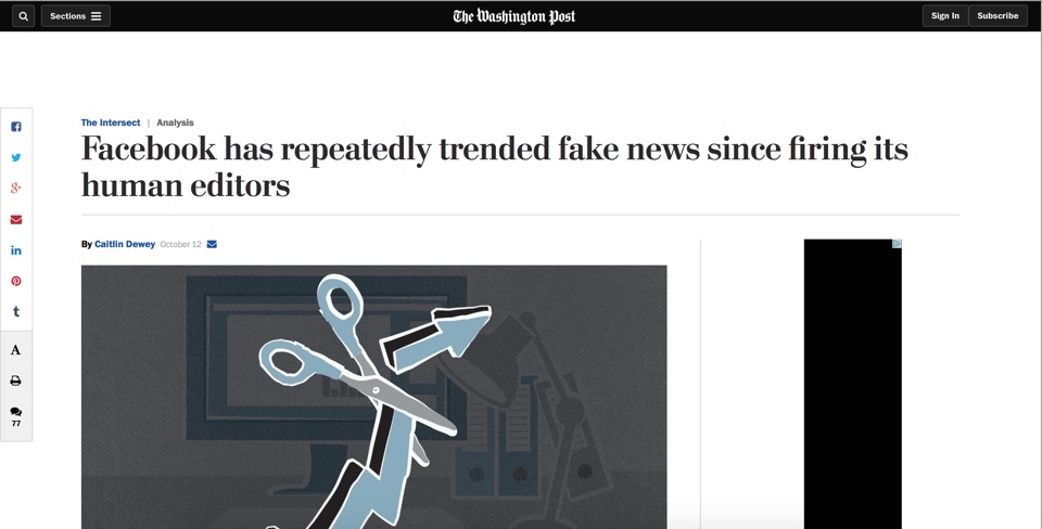 Screenshot of Washington Post article Facebook has repeatedly trended fake news since firing its human editors