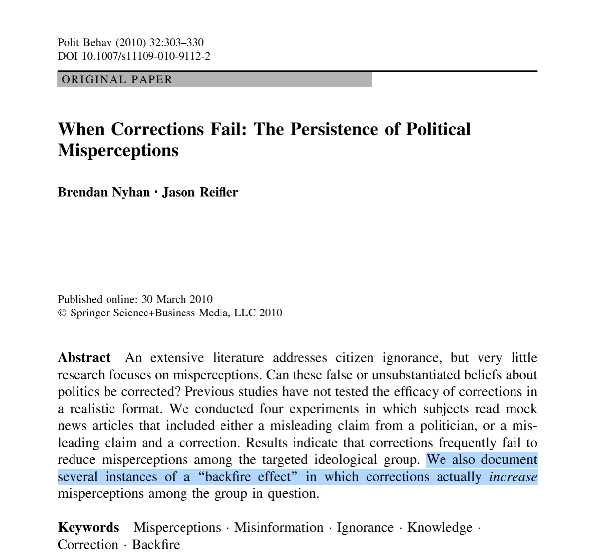 Screenshot of article When Corrections Fail: the persistence of political misperceptions